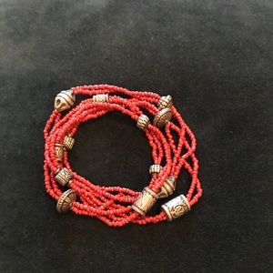 Long, Red and Silver, Beaded Necklace